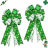 Large St. Patrick's Day Bows for Wreath 20x11 Inch, 2 Pack Pre-Tied Wired Burlap Ribbon Bow, Green Shamrock Tree Topper Bow for Front Door Indoor Outdoor Decoration (White Shamrock)