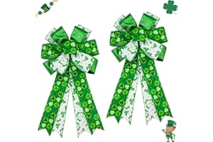 MONTEKIN Large St. Patrick's Day Bows for Wreath 20x11 Inch, 2 Pack Pre-Tied Wired Burlap Ribbon Bow, Green Shamrock Tree Topper Bow for Front Door Indoor Outdoor Decoration (White Shamrock)