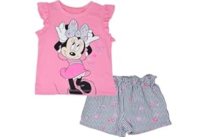 Disney Minnie Mouse Rainbow Floral T-Shirt and Chambray Shorts Outfit Set Infant to Big Kid Sizes (12 Months - 14-16)
