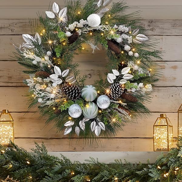 CHRISTMAS LIGHTED WREATH FOR FRONT DOOR, 28 INCHES PRE-LIT 35 LED LIGHTS SILVERY ARTIFICIAL HOLIDAY WREATH WITH SILVER ORNAMENTS FOR INDOOR OUTDOOR HOME DECORATIONS