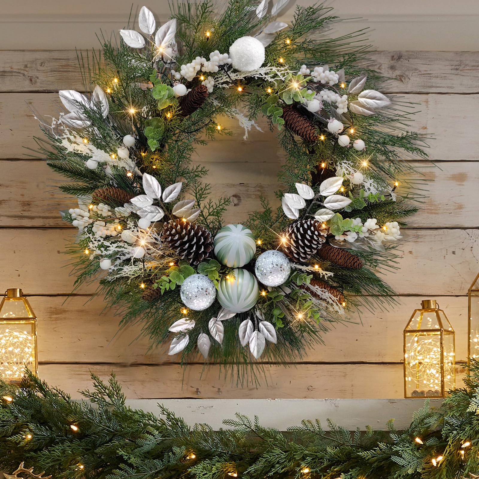 Photo 1 of 28’’ Pre- Artificial Christmas Wreath, Theme Battery Operated 35 LED Lights with Faux Greenery, Pine Cones, Silver Leaves, White Berries and Silver Ornaments