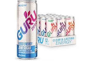 GURU ZERO SUGAR Organic Energy Drinks Variety Pack, Clean Energy Drink with Plant Based Natural Caffeine from Green Tea, Coconut Water, Prebiotic, Zero Added sugars, Gluten Free and Vegan, Pre Workout, Healthy Drinks, 12oz (Pack of 12)