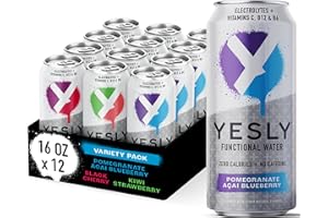 Yesly Functional Water, Variety Pack, Naturally Flavored Still Water with Electrolytes, Magnesium, Potassium, Vitamin C, B6 & B12, Zero Sugar, No Artificial Sweeteners, 16 Fl Oz Cans, 12 Pack