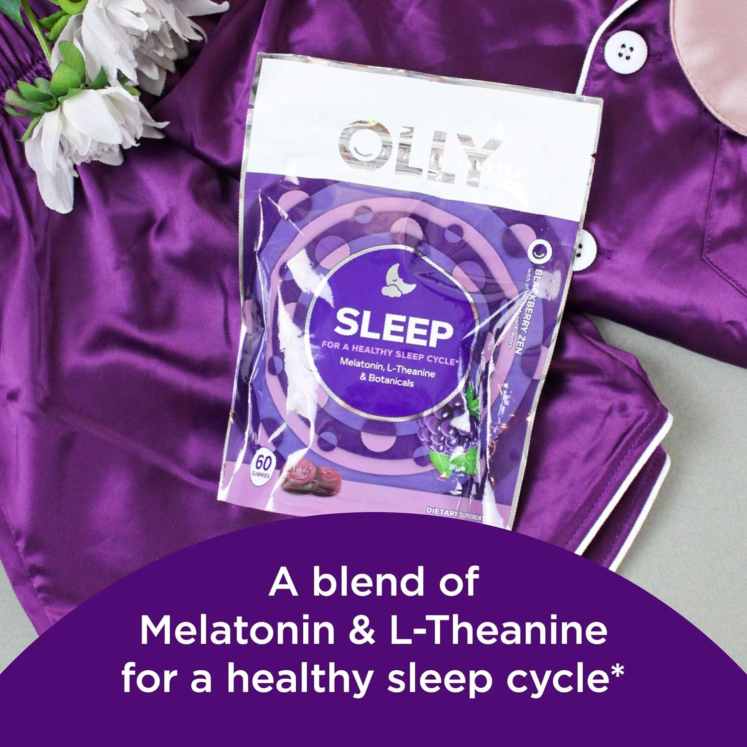 OLLY Sleep Melatonin Gummy, All Natural Flavor and Colors with L Theanine, Chamomile, and Lemon Balm, 3 mg per serving, 30 Day Supply (60 gummies): Health & Personal Care