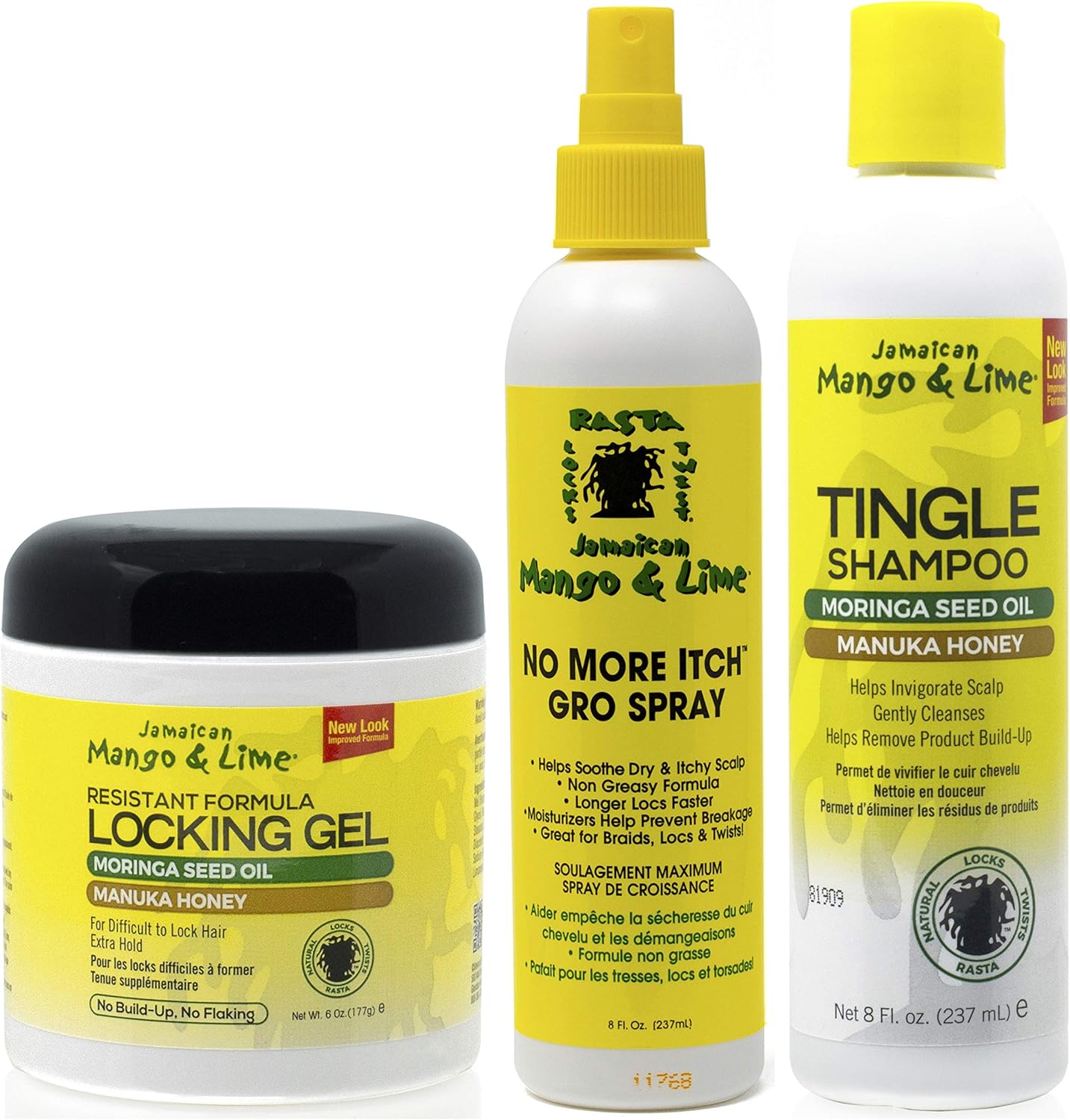 Jamacican Mango & Lime Locking Gel 6oz with No More Itch Grow Spray 8oz & Tingle Shampoo 8oz, 3 Count (Pack of 1)