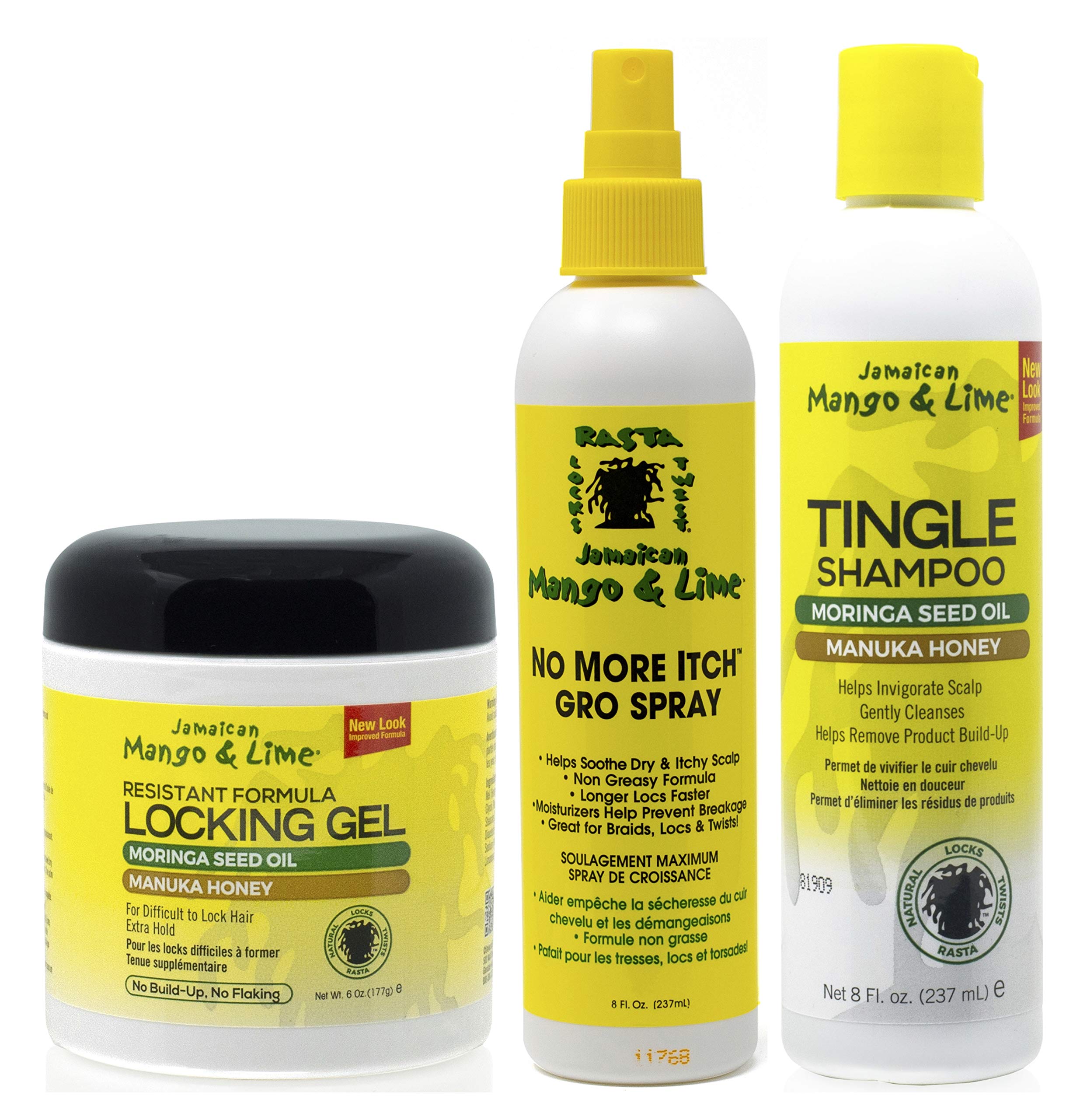 Jamacican Mango & Lime Locking Gel 6oz with No More Itch Grow Spray 8oz & Tingle Shampoo 8oz