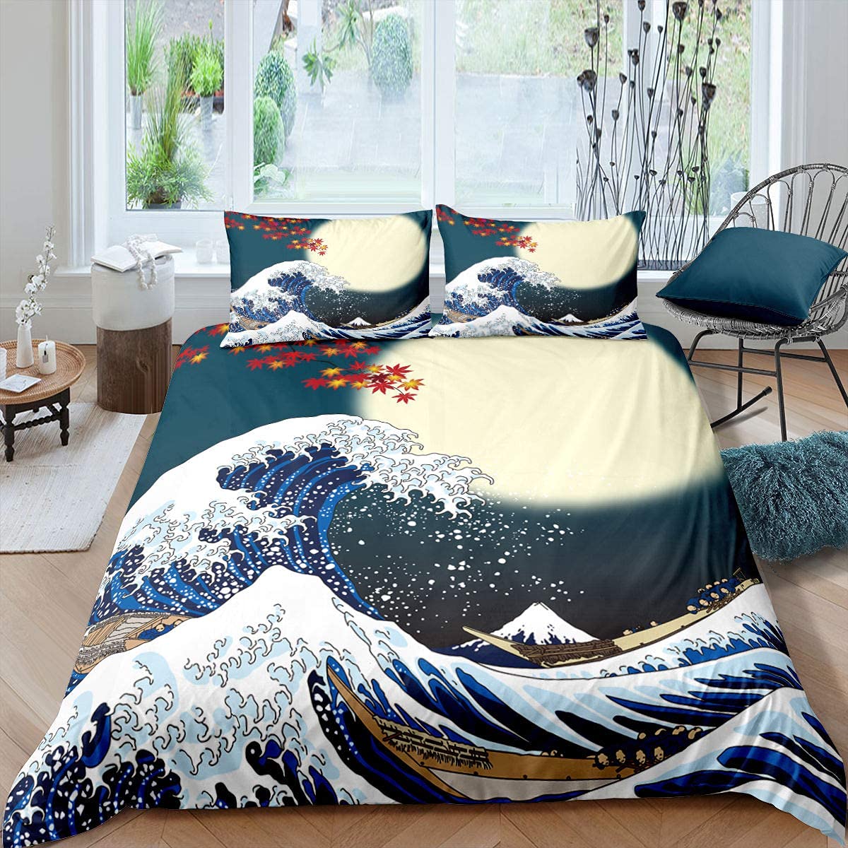 Homewish Japanese Wave Duvet Cover For Kids Teens Adult Blue Ocean Comforter Cover Maple Leaf Moon Pattern Bedding Set Hokusai Ukiyoe Quilt Cover Double Size 1 Duvet Cover With 2 Pillow Cases