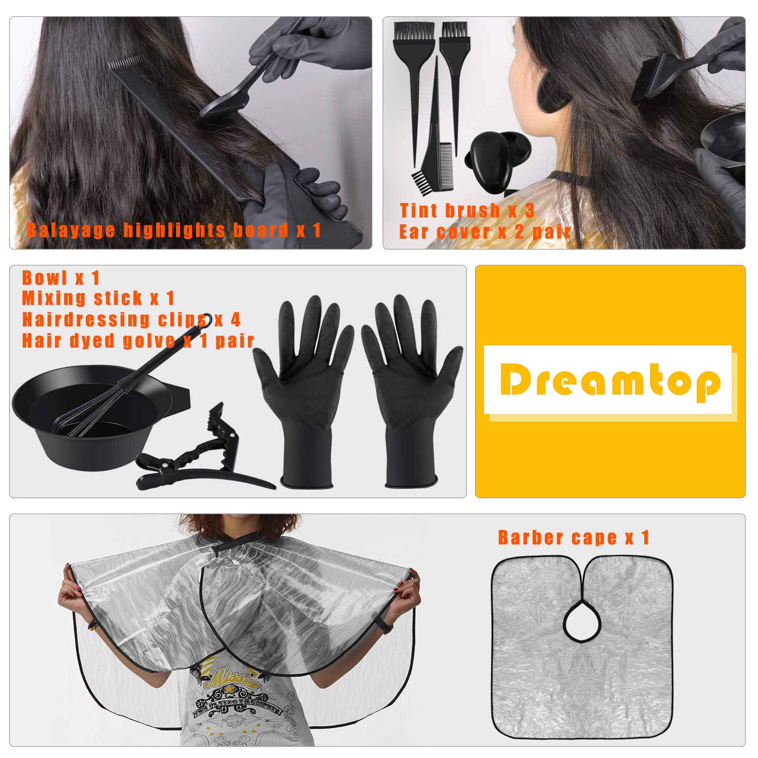 Dreamtop 18 PCS Hair Dye Coloring Kit Hair Tinting Bowl Dye Brush Ear Cover Gloves Hair Highlighting Board Dye Mixer and Hair Coloring Cape For Salon and Home Use Hair Coloring Hair Dryers : Beauty