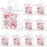 Motipuns 24 Pcs Beach Party Favor Pink Bow Seashell Clear PVC Gift Bags with Handles and Ribbon Reusable Plastic Starfish Seashell Goodie Candy Treat Bags for Summer Birthday Party Supplies