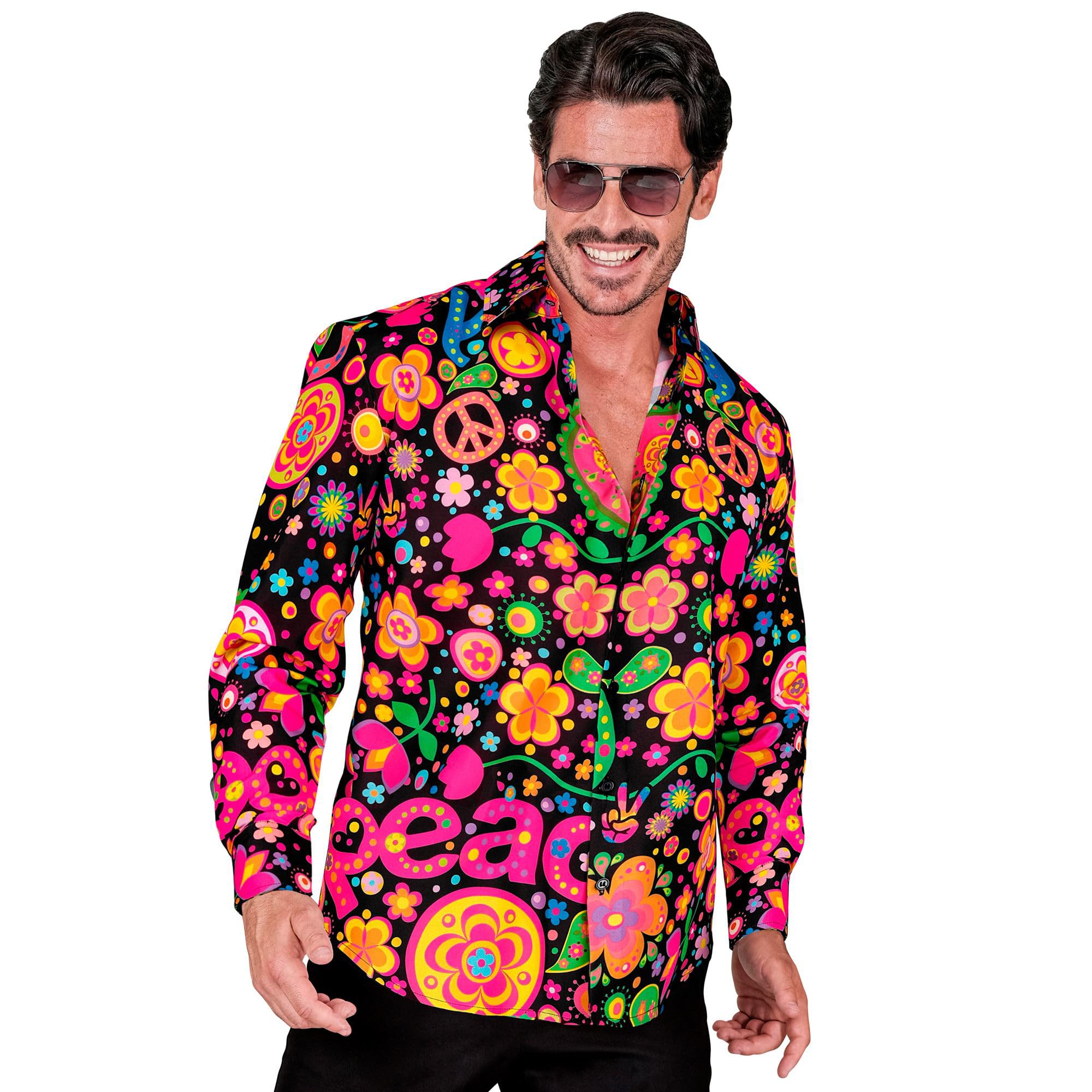 Widmann W MILANO Party Fashion - Party Fashion Shirt, Hippie Pattern, Neon Men's Shirt, Flower Power, Peace, Showmen