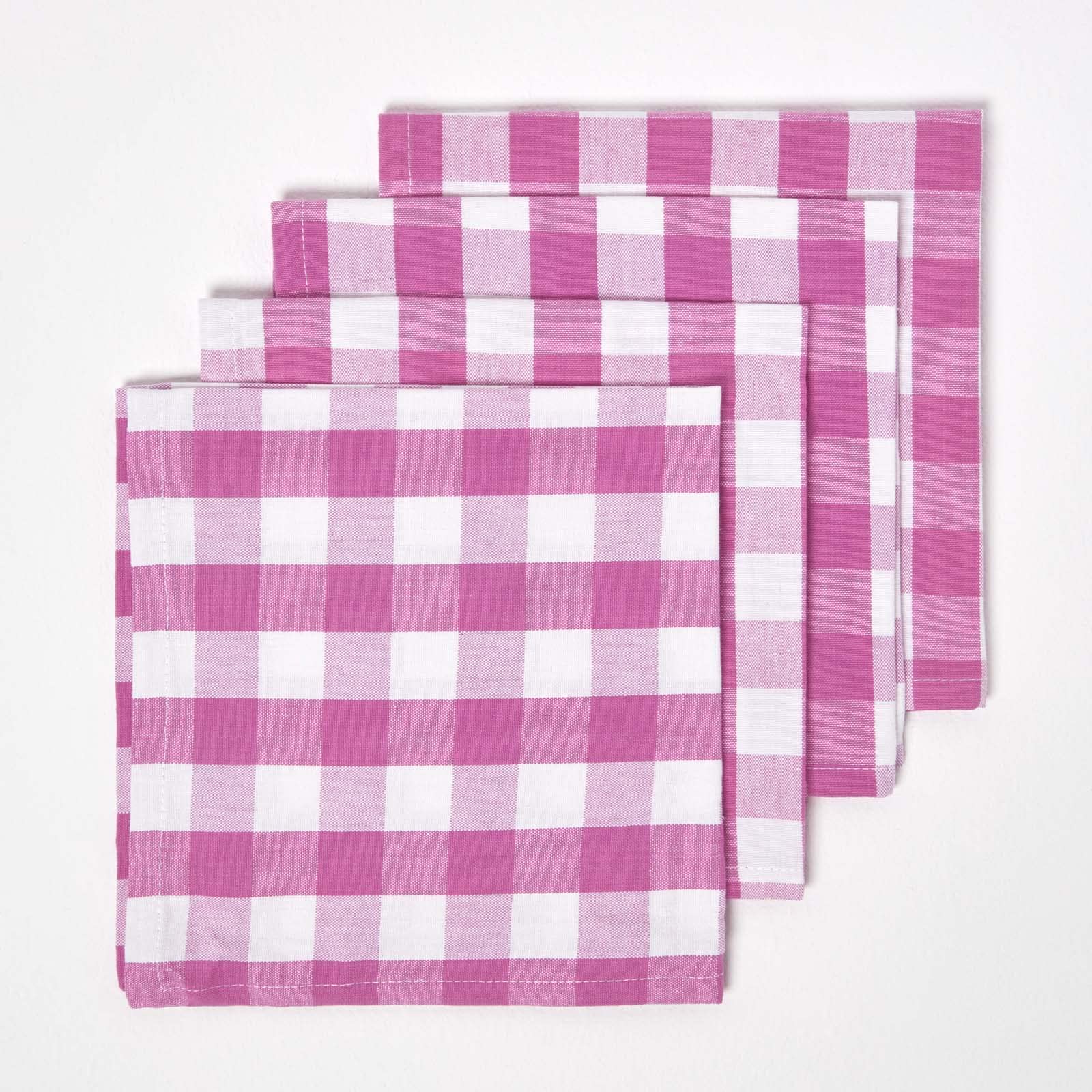 HOMESCAPES Set of 4 Pink Gingham Napkins Block Check Pattern 100% Cotton Napkins 45 x 45 cm (18” x 18”) with Pink and White Checkered Design