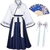 Asian Traditional Dress Kimono Robe for Kids Girls Costume Silk Folding Fans hairstick Cosplay