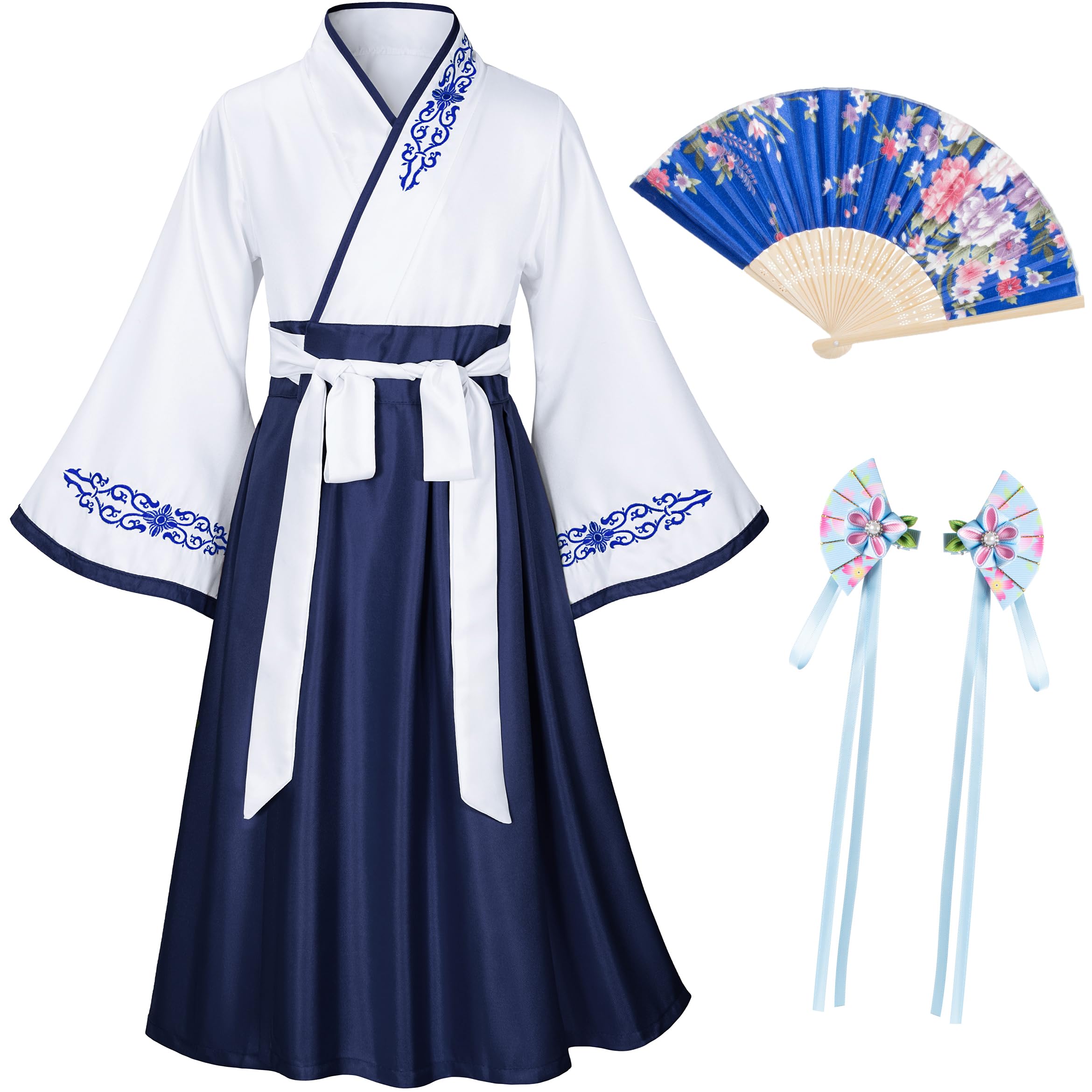 Photo 1 of Asian Traditional Dress Kimono Robe for Kids Girls Costume Silk Folding Fans hairstick Cosplay?White Navy150cm