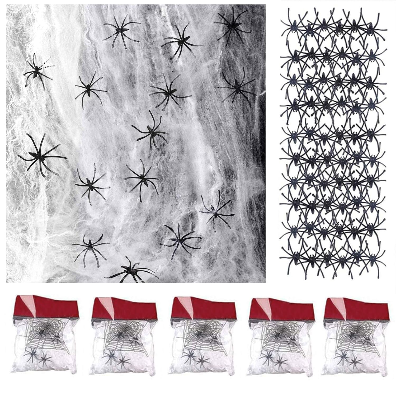 Tian 5 Packs Realistic Looking Spider Cobweb with 50 Spiders Stretchable Webbing for Halloween Party Decorations Haunted House(White)