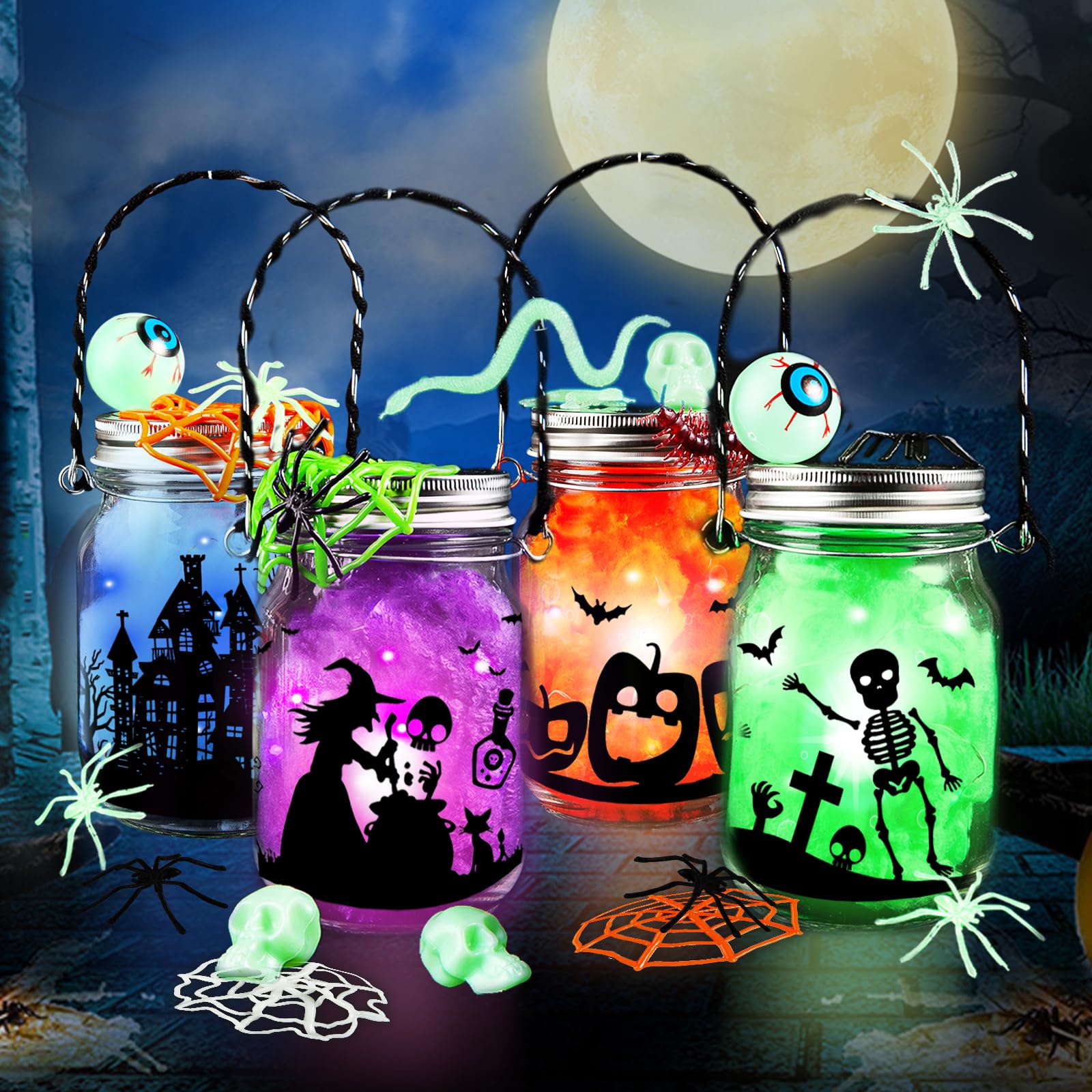 Photo 1 of **SUBJECT TO BREAKING** **NO BOX** Halloween Craft Kit for Kids, 4 pcs Glass Mason Jar with Accessories for DIY Lantern Jar, Halloween Art & Craft Party Supplies for Classroom,Art and Craft Party Supplies for Kids