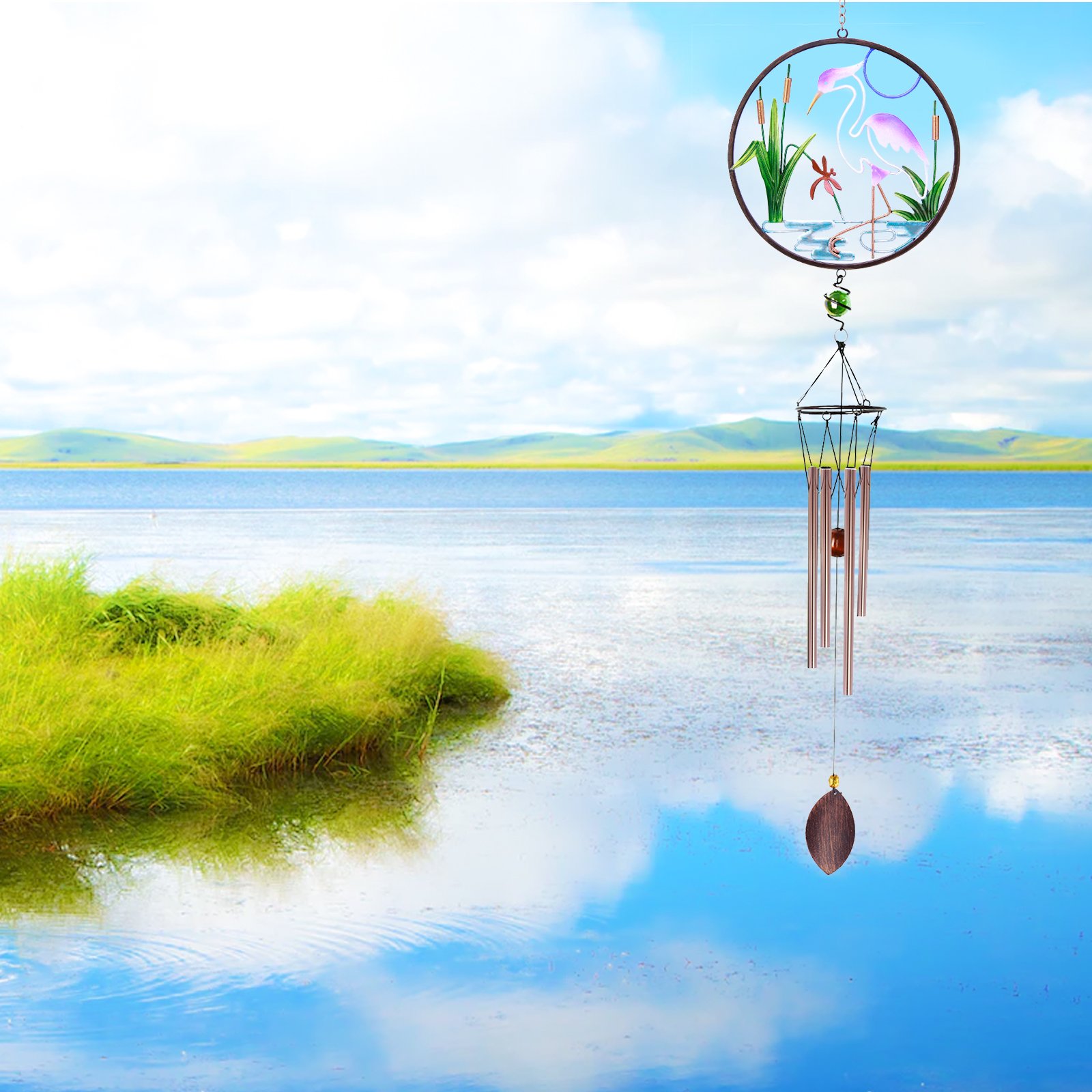 CREATIVE DESIGN CD-WC02, 32\'\'H White Crane Wind Chimes, Portable Metal Home Garden Decoration