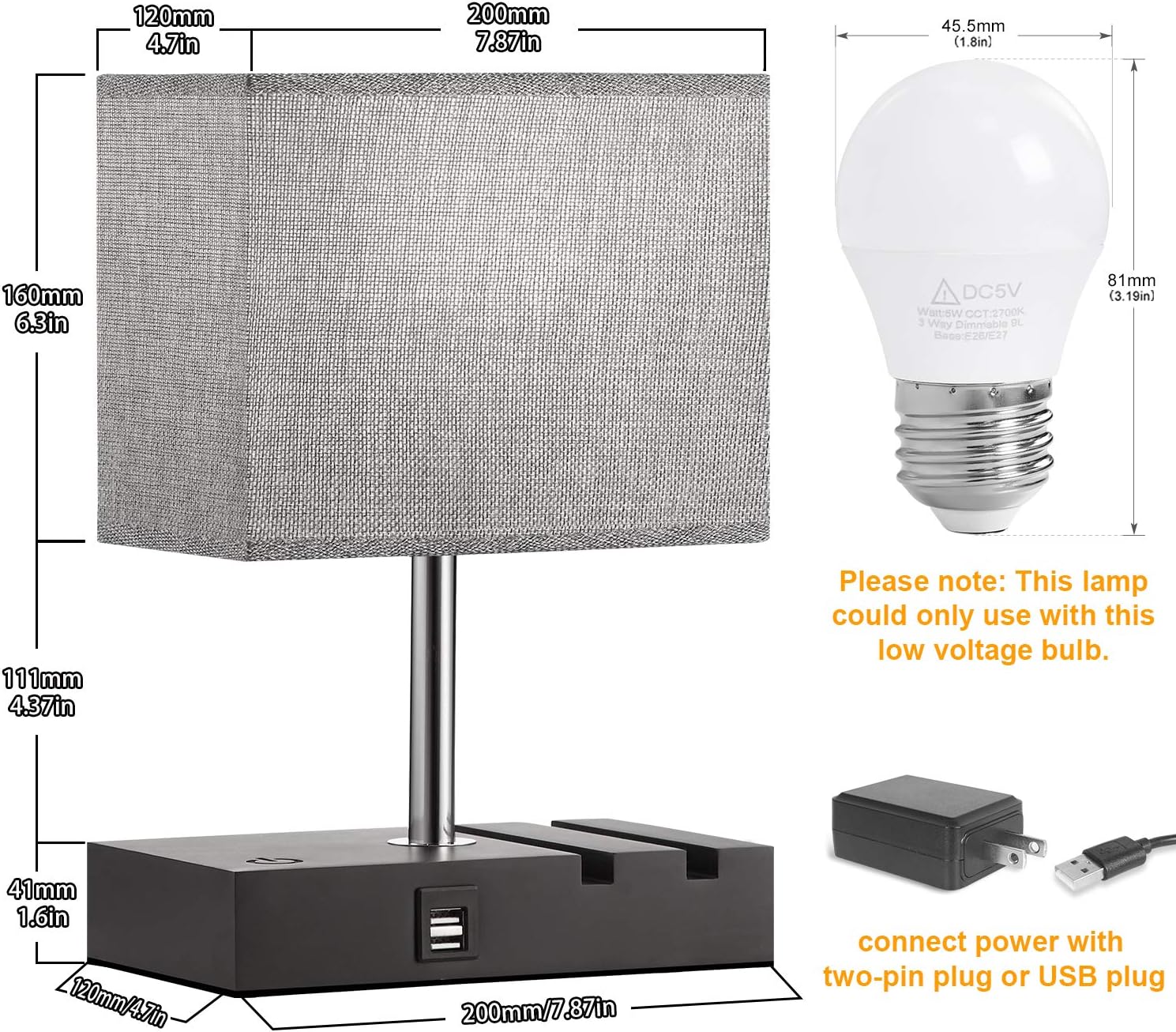 Touch Control Bedside Lamp with 2 USB Ports, Aooshine Fully-Dimming USB Table Lamp with 2 Phone Stands and Low Voltage Led Bulb, Grey Fabric Shade Modern Style, Suitable for Bedroom, Living Room, Off: Home Improvement