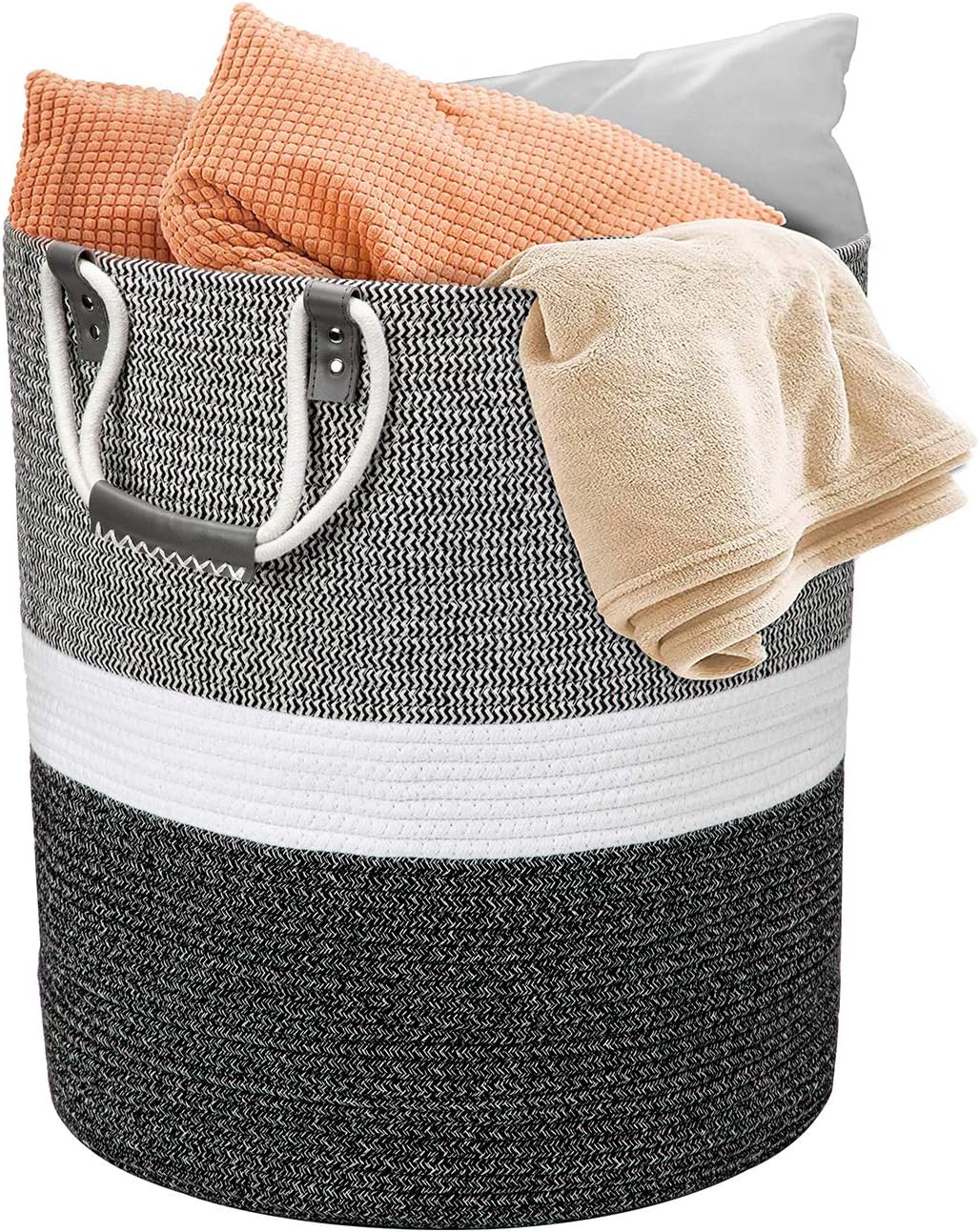 17x17x19 Inches Large Cotton Rope Basket, Storage Basket, Woven Laundry Hamper, Toy Storage Bin, Nursery Storage Basket, Baby Bin Organizer, White & Black: Home & Kitchen