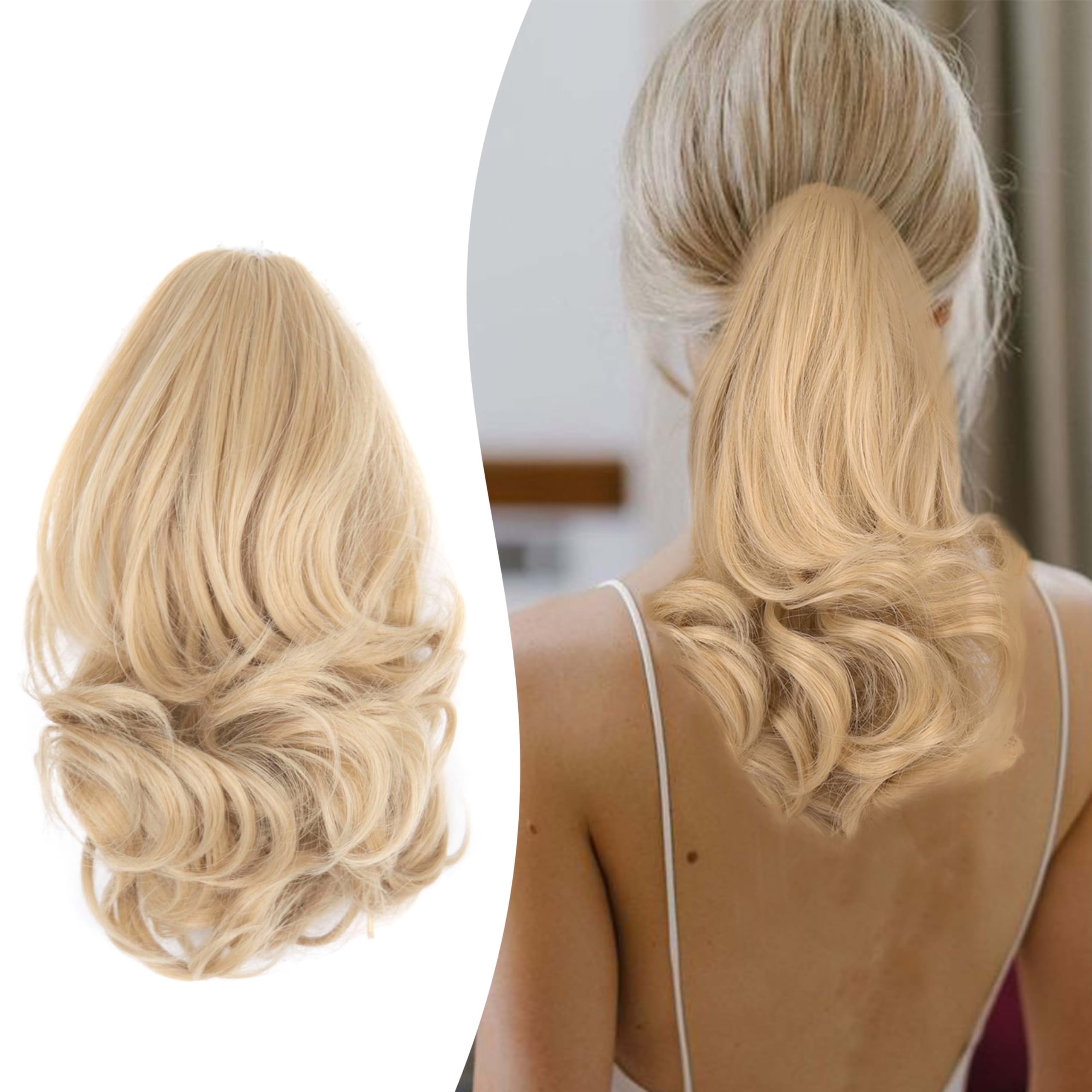 Gairyan 10" Clip in Ponytail Hair Extensions Curly Ponytail Extension Claw on Pony tails Wavy Synthetic Hairpieces for Women Real Natural Short Wave, Ash Blonde mix Bleach Blonde โ image 1