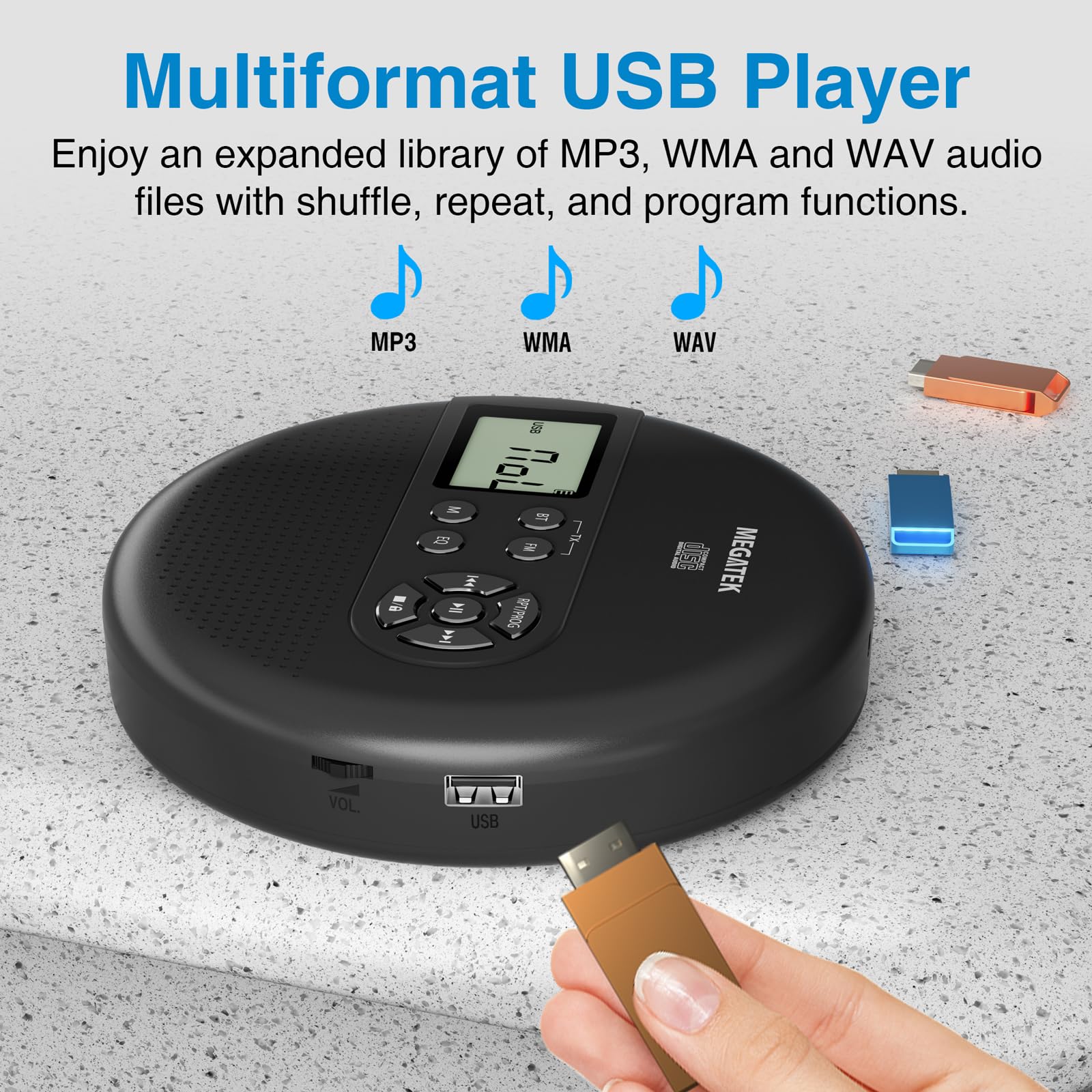 MEGATEK CP27BR Portable CD Player Bluetooth for Car with FM Transmitter, USB, AUX, LCD Display, Anti-Skip, Stereo Speakers, Headphones & Rechargeable Battery – Black