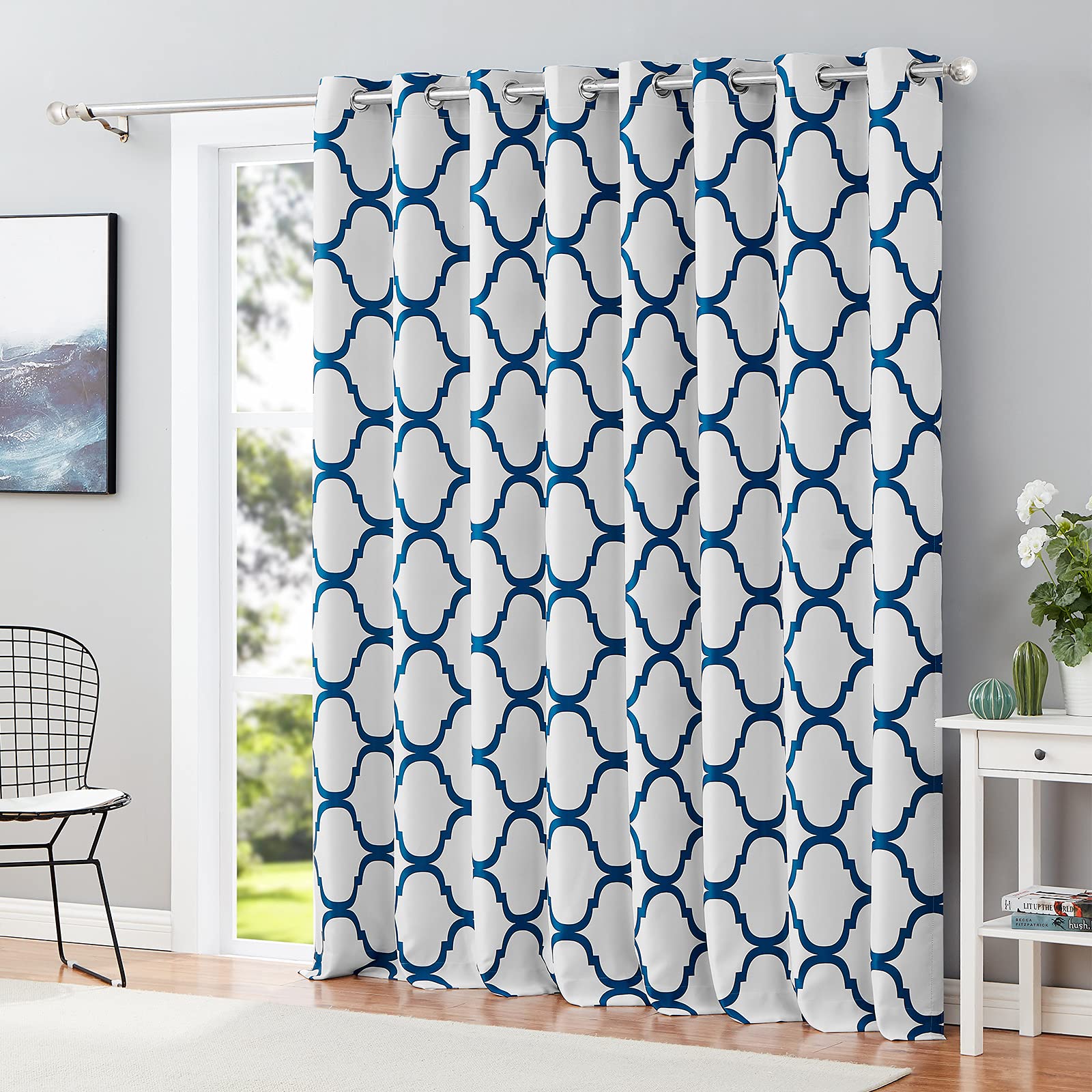 Melodieux Moroccan Patio Curtains for Extra Wide Window, Room Divider Blackout Grommet Drape for Sliding Glass Door, 1 Panel (100" W x 96" L, Off White/Royal Blue) Image Melodieux Moroccan Patio Curtains for Extra Wide Window, Room Divider Blackout Grommet Drape for Sliding Glass Door, 1 Panel (100" W x 96" L, Off White/Royal Blue) Image