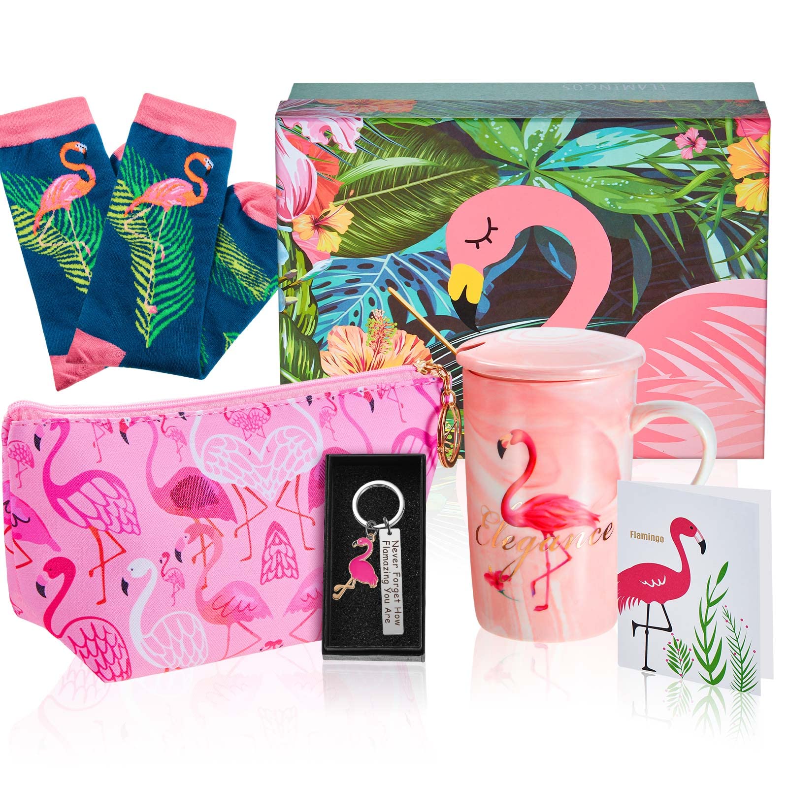 Nuenen Flamingo Gift Set for Women - 5 Pcs Including Ceramic Coffee Mugs, Makeup Bag, Socks, Keychain & Greeting Card