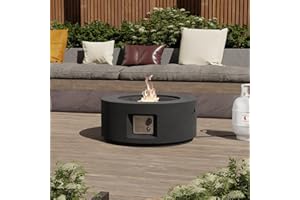 SUNBURY Outdoor Fire Pit, 28" Round Propane Gas Patio Fire Table 40,000 BTU Concrete Travertine Design, CSA Certified, Circular Base Small Firepit with Lava Rocks, Waterproof Cover (Grey)