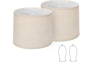 Lampshades Set of 2, Drum Lampshades 11.6" Top x 12.6" Bottom x 9.8" High, Seaside village Medium Lampshades (Spider Fitter), Beige Lampshades Natural Linen Hand Crafted, Easy Assembly Required