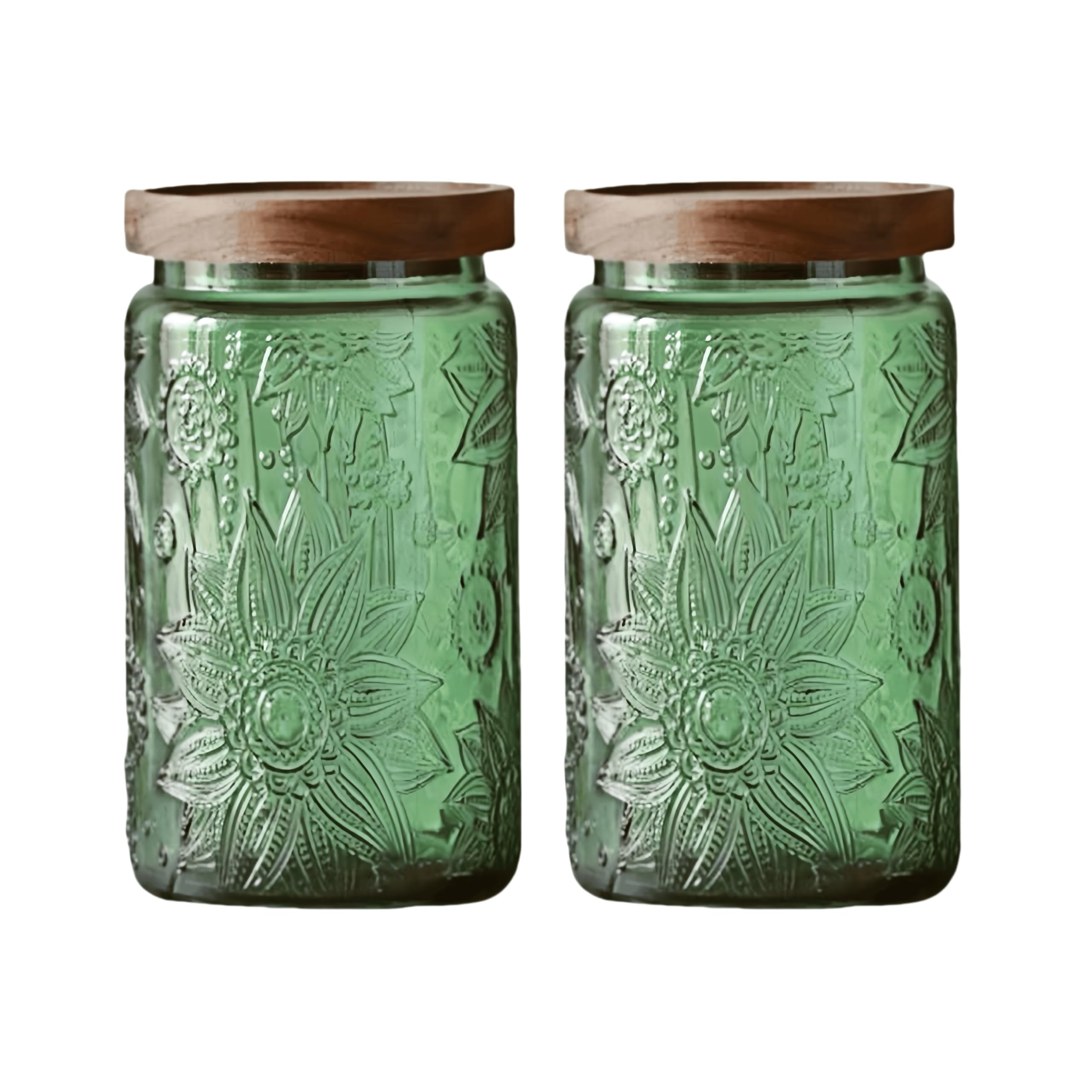 Photo 1 of Set of 2 Vintage Glass Storage Containers, Green Glass Jars with Solid Wood Lids, 34 FL OZ Decorative Jars for Kitchen Storage Cabinets for Coffee, Jam, Nuts, Pasta, Cookie (Green Sunflower)