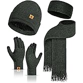 Winter Warm Beanie Hat Touchscreen Gloves Long Scarf Set for Women with Headband, Knit Cap Scarves with Tassel for Women