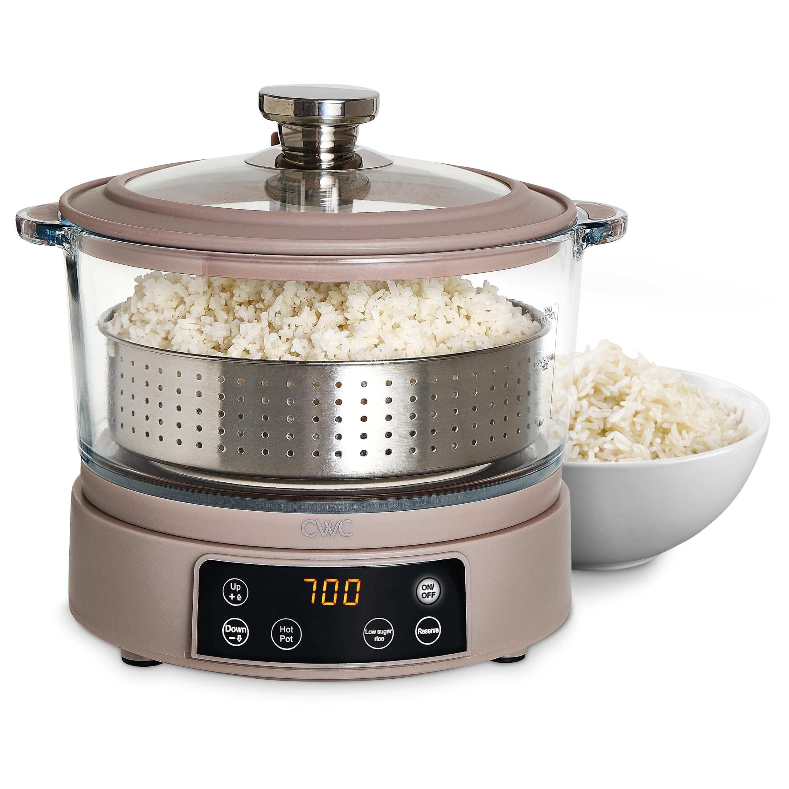 Photo 1 of COOK WITH COLOR 3L Glass Low Carb Rice Cooker - Makes 6 Cups Cooked Low Sugar Rice with Auto Lift Filter Basket, Hotpot & Steamer for Rice, Grains and Oats, Digital Panel with Keep Warm, Greige