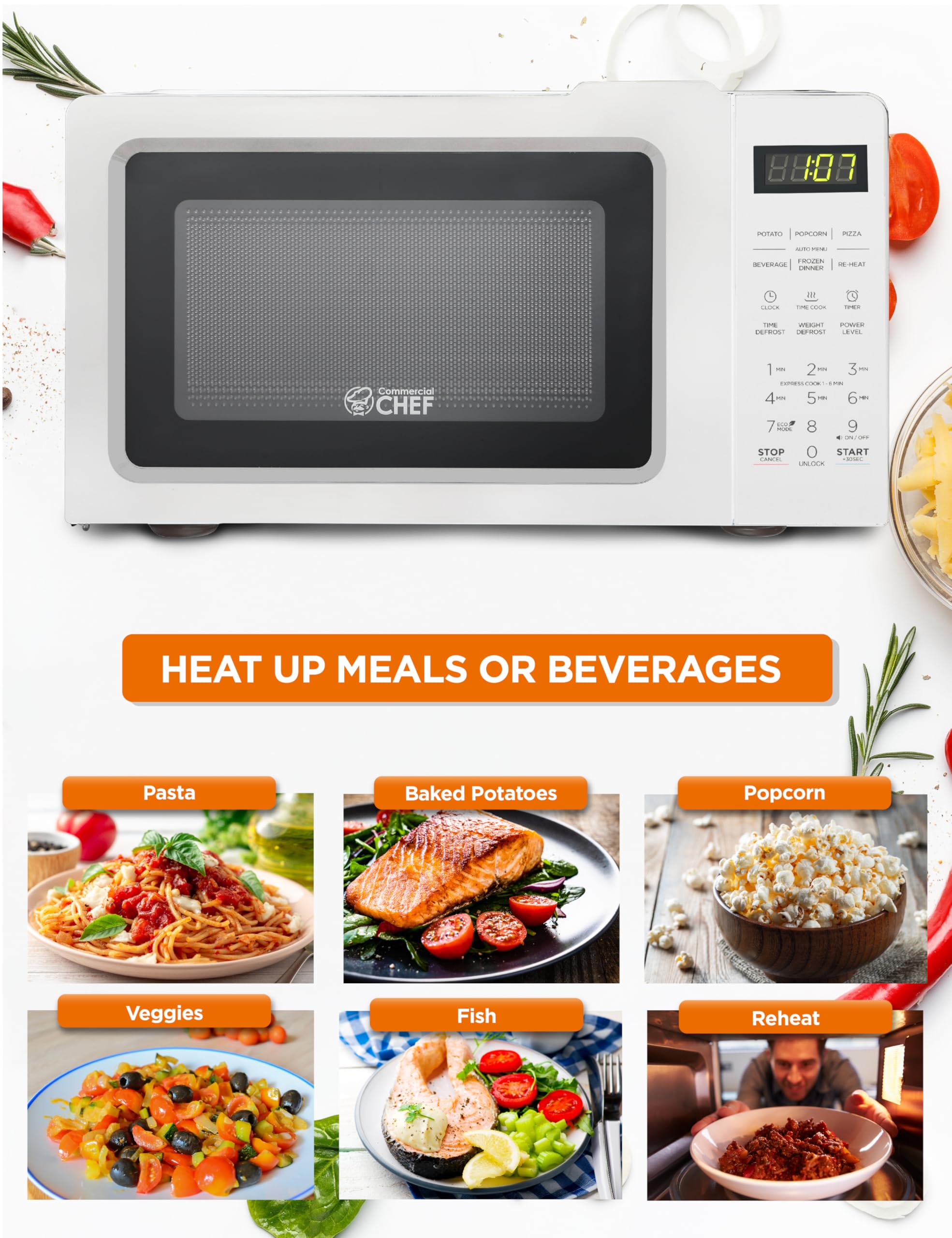 COMMERCIAL CHEF 0.7 Cubic Foot Microwave with 10 Power Levels, Small Microwave with Pull Handle, 700W Countertop up to 99 Minute Timer and Digital Display, White