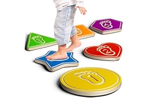Billeeit Wooden Stepping Stones, Multi-Shape and Colored Stepping Stones for Kids 3 4 5 6 7 and Toddler Indoor Activity, Balance Sensory Wood Montessori Toys(6Pcs with Game Manual)