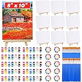 10Pack 8x10 Inch Canvas and Easel Set, Art Canvas Bulk with Easel Stands, 12 Colors Mini Acrylic Paint Set, Small Paint Brushes, Paint Trays, Sip and Paint Kit for Adults Couples Paint Party Supplies