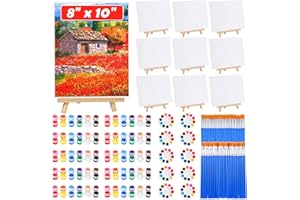 EVATAGE 10Pack 8x10 Inch Canvas and Easel Set, Art Canvas Bulk with Easel Stand, 12 Colors Mini Acrylic Paint Set, Small Paint Brushes, Paint Trays, Sip and Paint Kit for Adults Couples Paint Party Supplies