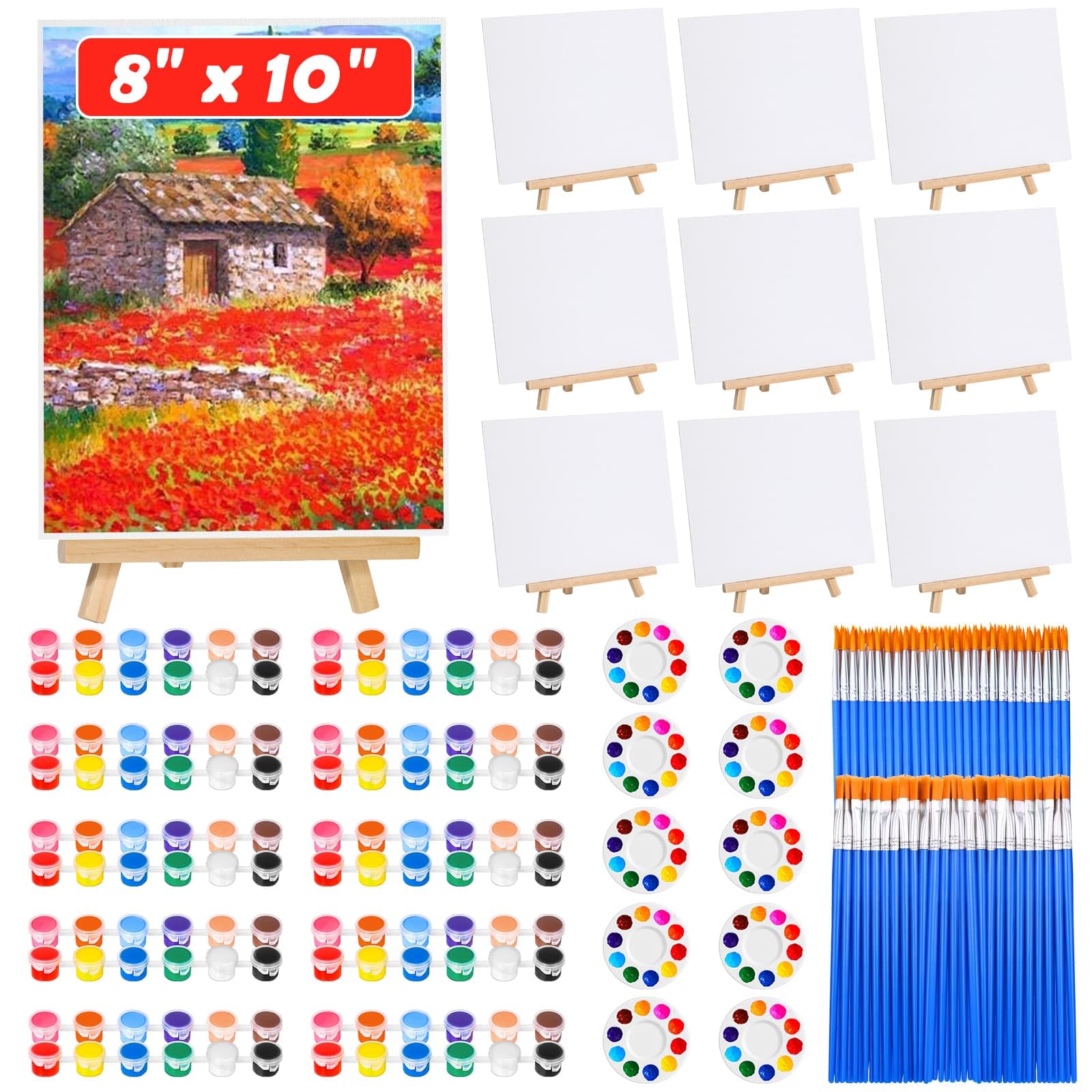 Photo 1 of 10Pack 8x10 Inch Canvas and Easel Set, Art Canvas Bulk with Easel Stand, 12 Colors Mini Acrylic Paint Set, Small Paint Brushes, Paint Trays, Canvas Painting Kit for Adults Kids Couples Paint Party