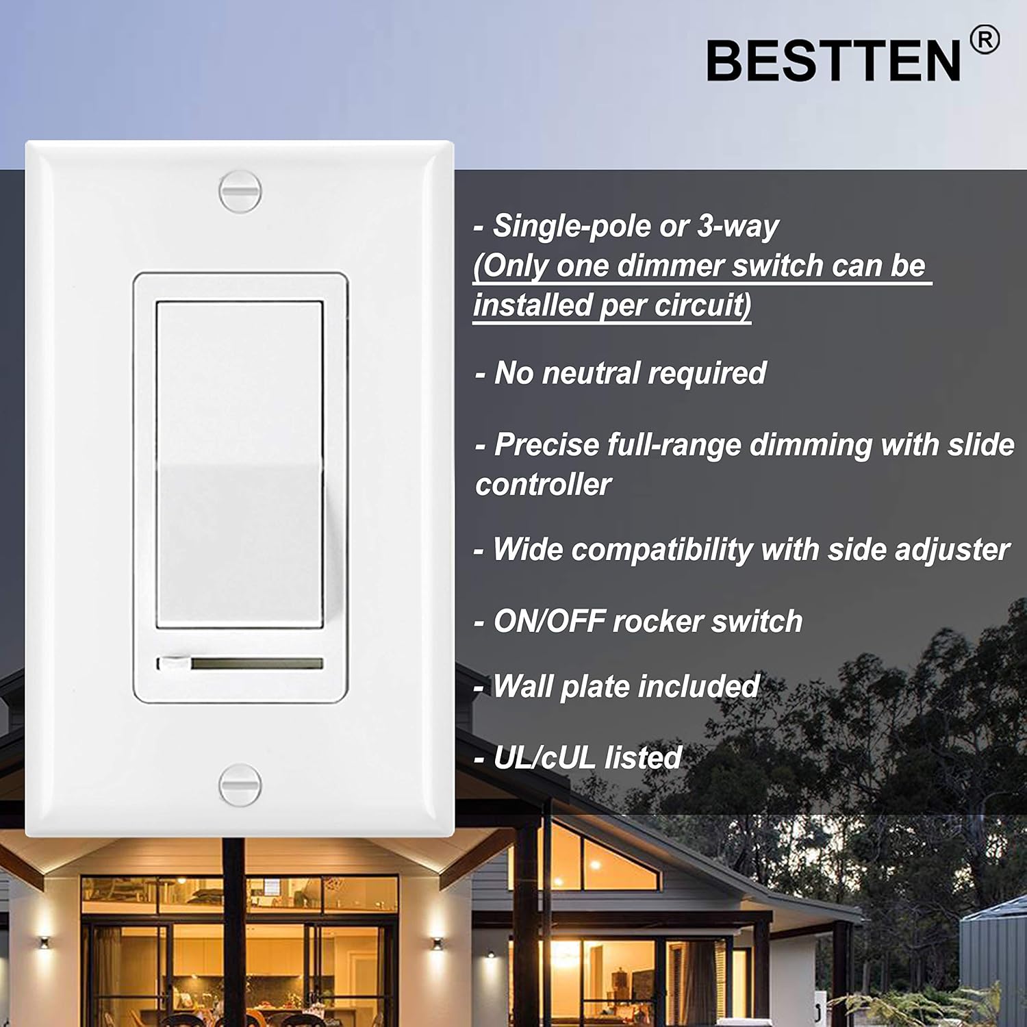[6 Pack] BESTTEN Rocker Dimmer Switch for Dimmable LED, Halogen and Incandescent Bulbs, Single-Pole or 3-Way, 120V, UL Listed, White - - 