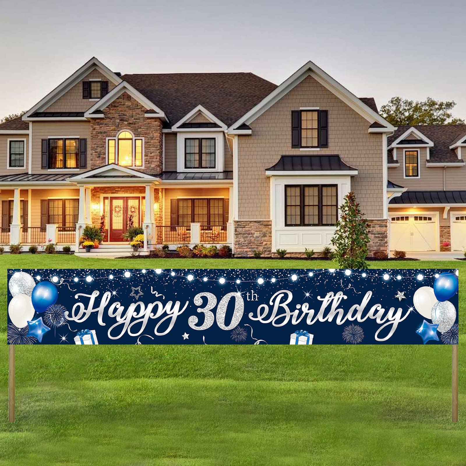 Happy 30th Birthday Blue Silver Yard Banner 210*40cm Large Thirty Years Old Party Sign Thirtieth Anniversary Decorations