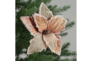 Bucherry 12 Pcs Burlap Christmas Tree Ornaments Decorations 6" Rustic Farmhouse Neutral Artificial Poinsettia Flowers with Clips for Xmas Tree Wreaths Garland Decor