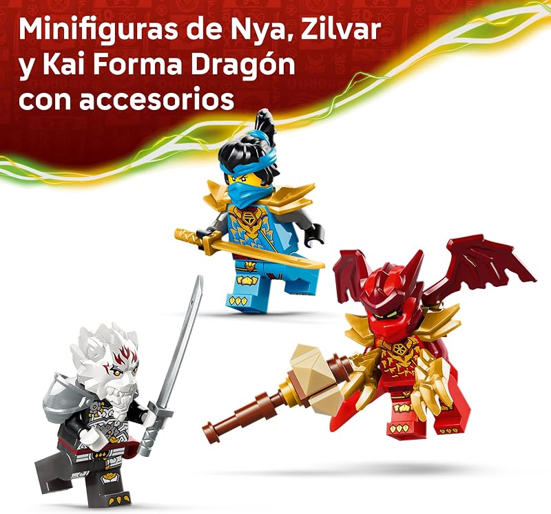 NINJAGO Zilvar y Bestia Dragón Grimtak – Figura Articulada y 3 Minifiguras inc. Kai y Nya con Armas Ninja – Regalo de Cumpleaños para Niños de 7+ Años y Fans de El Renacer de los Dragones – 71863