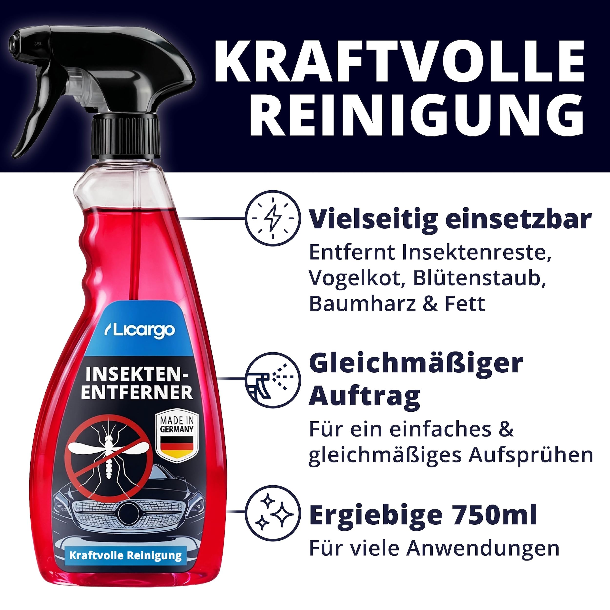 LICARGO Insektenentferner Auto 750ml – Insektenreiniger löst hartnäckige Insektenreste, Vogelkot, Baumharz – Fliegen- & Mückenentferner für Auto, Motorrad, Wohnmobil – Lack, Glas, Chrom, Kunststoff 6
