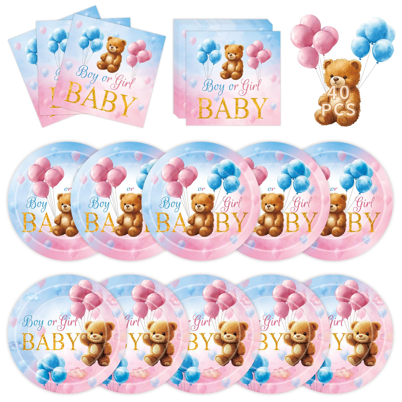 Photo 1 of 40 Pcs Gender Reveal Decorations - Boy or Girl Plates and Napkins Set, Pink and Blue Baby Bear Paper Plates Napkins Disposable Tableware for Gender Reveal Party Supplies Table Decor Favors, Serve 20