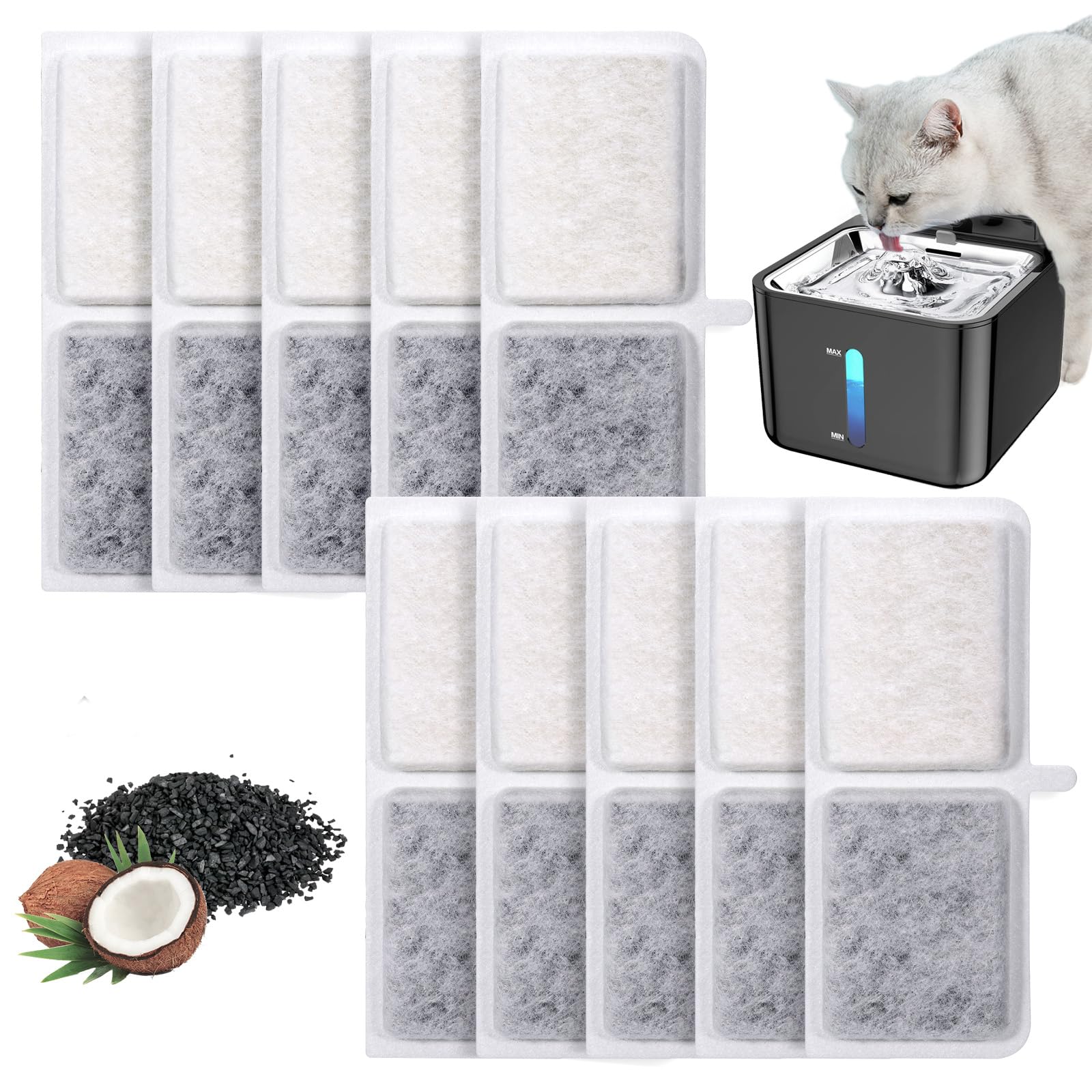 10Pcs Cat Water Fountain Filters, Triple Filtering Cat Filters for Water Fountain with Activated Carbon and Natural Resins, Pet Fountains Filter Replacement for Cats Mate Accessories