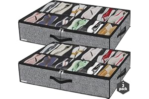 Friday Monkey Sturdy Under Bed Shoe Storage Organizers 2 Pack, Fit Total 24 Pairs, Large Underbed Closet Shoes Box Container Bag with Clear Cover, Breathable, 29.3x23.6x5.9 inches, Black, ZMBCUBSB2P