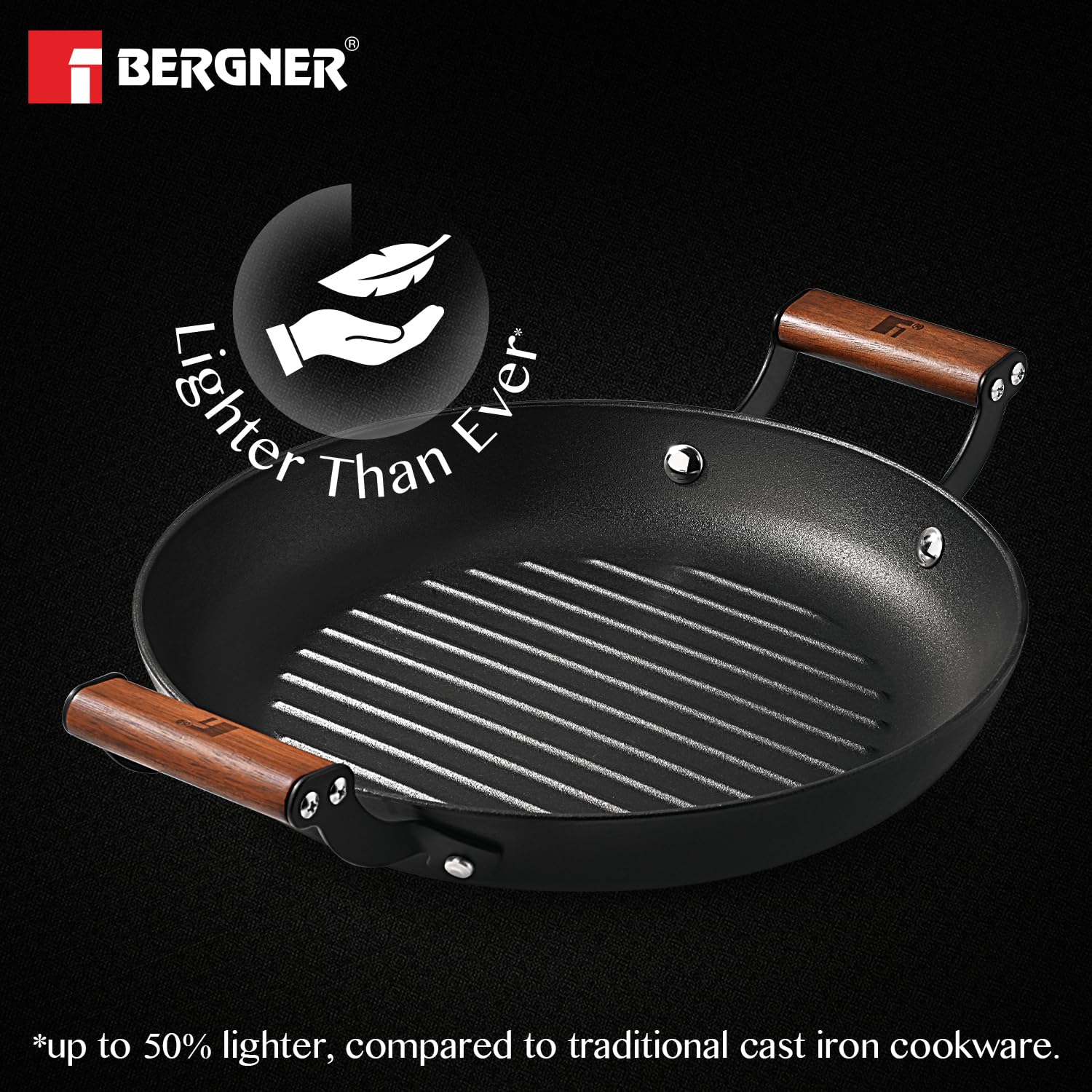BERGNER Odin 28 cm Cast Iron Grill Plate, Round Grilled Plate with Wooden Coated Handle, for Barbeque/Tikka/Kebab/Skewer/Sandwich/Babeque/Grilled Wrap, Rust Proof, Induction and Gas Stove Ready 4