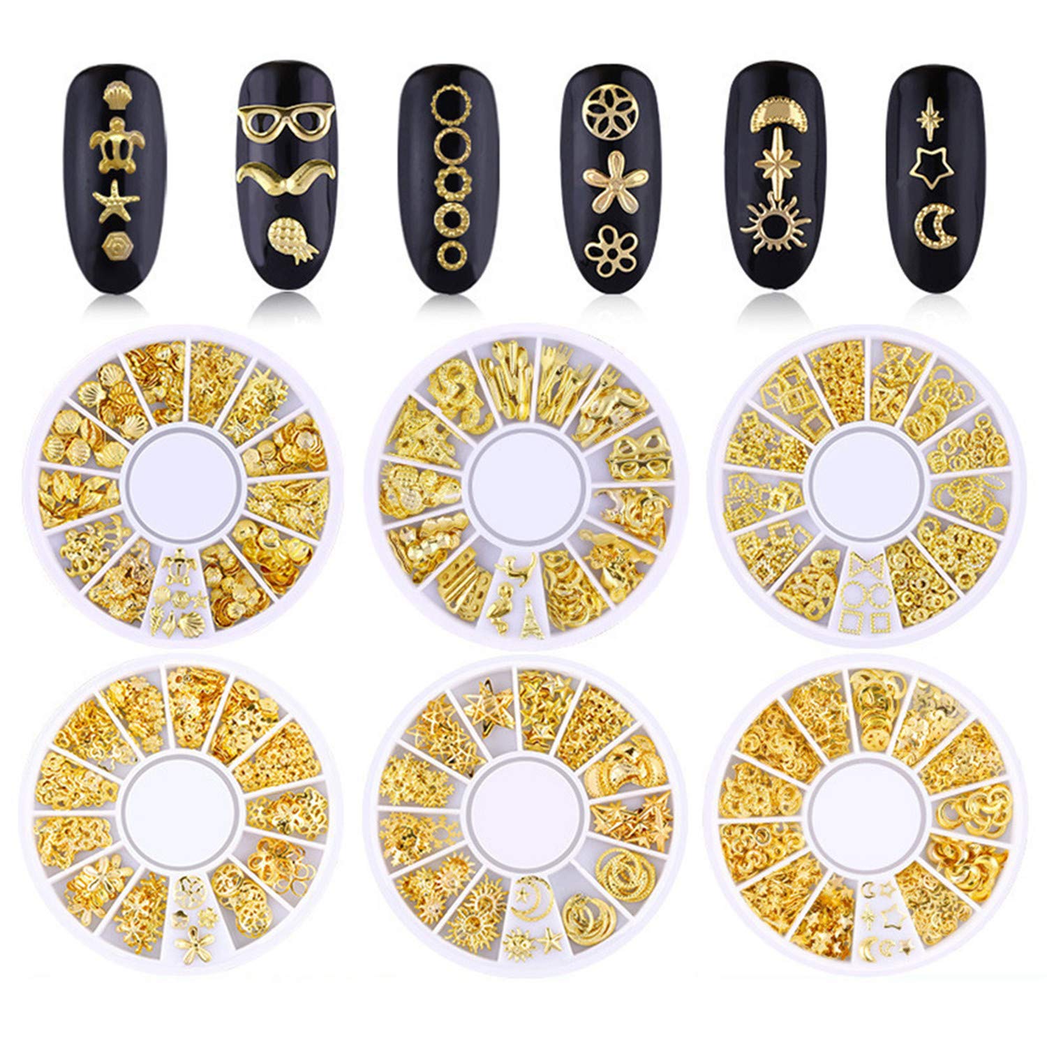 6 Boxes Nail Art Studs - 3D Decorations Alloy Gems Hollow Out Star Moon Mix Styles Rivet Decals for Gel Nails DIY Decor (Gold)