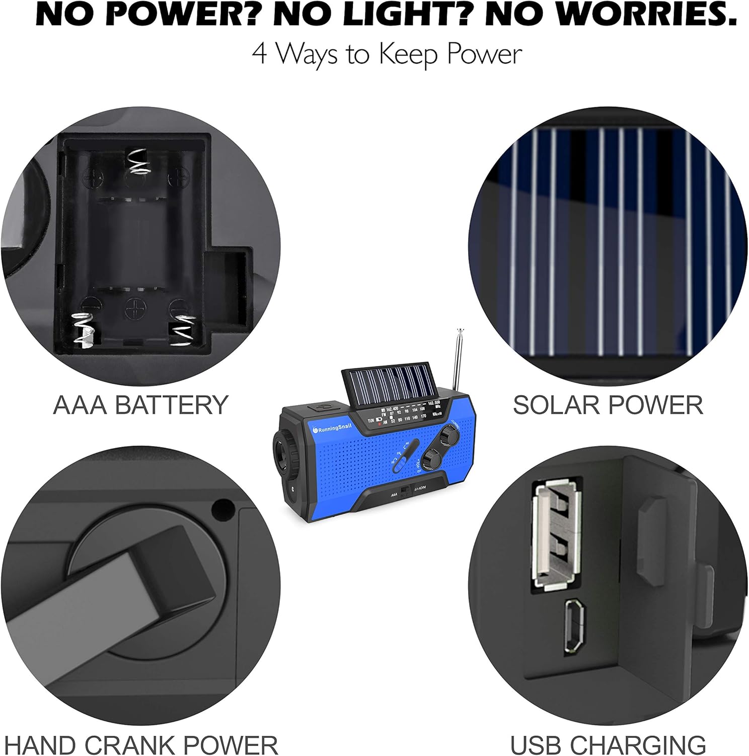 RunningSnail Solar Crank NOAA Weather Radio for Emergency with AM/FM, Flashlight, Reading Lamp and 2000mAh Power Bank (Blue): Home Audio & Theater