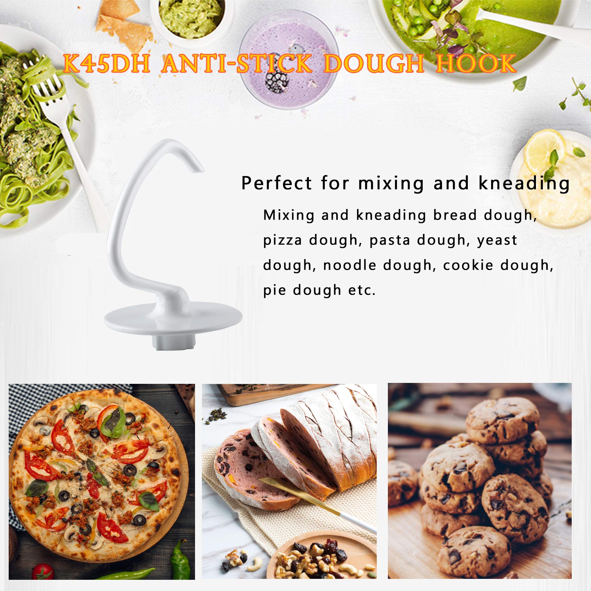 K45DH Coated Dough Hook Compatible with Kitchen-Aid Mixer, Bread Hook Attachment for Kitchen Aid K45 K45SS KSM90 KSM150 Tilt-Head Stand Mixers, 4.5/5.0 Quart Bowl