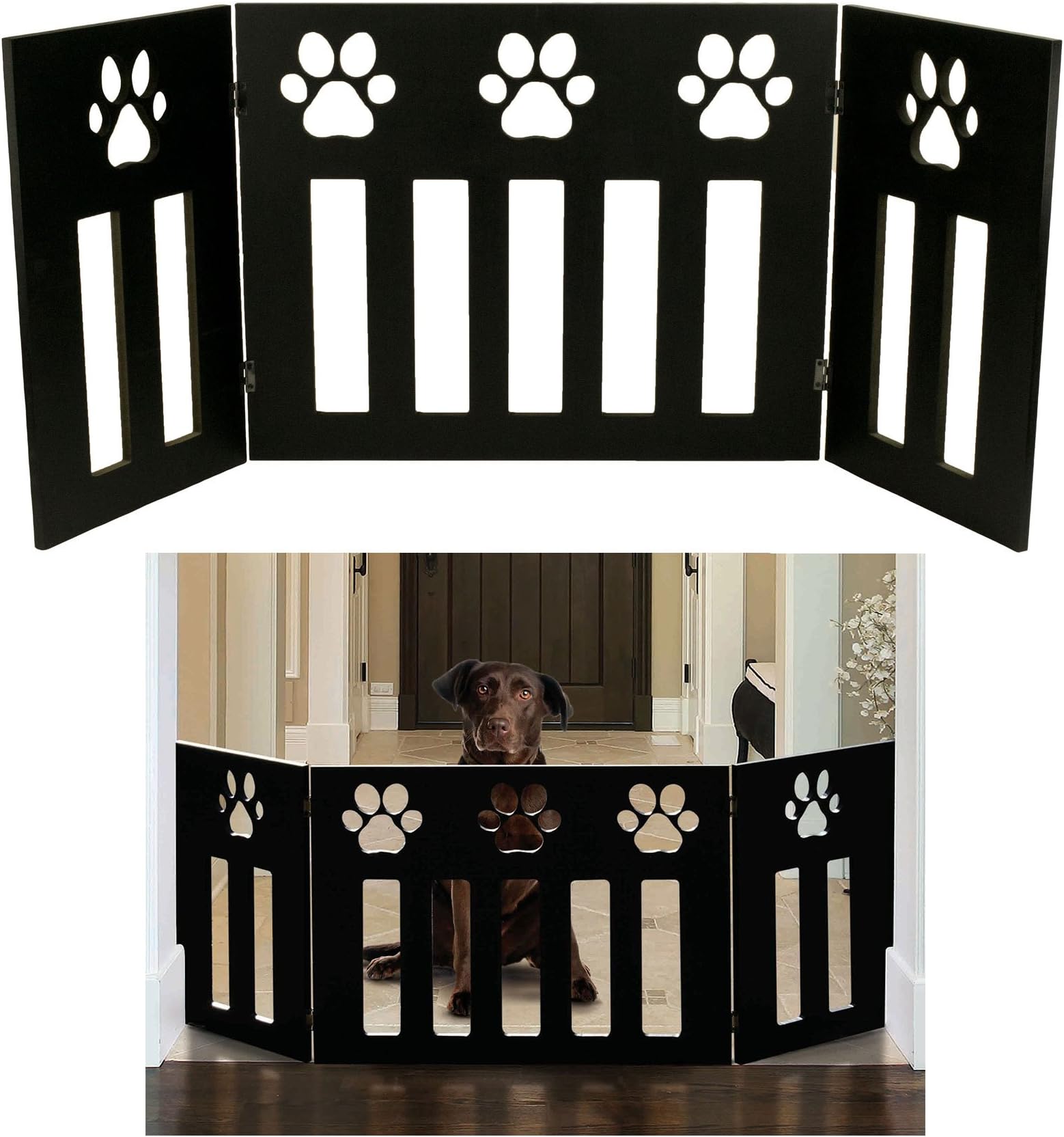 Pet or Dog Gate Free Standing 48-in. Wide 19-in. Tall Three Panel Wooden Paw Accent DŽcor