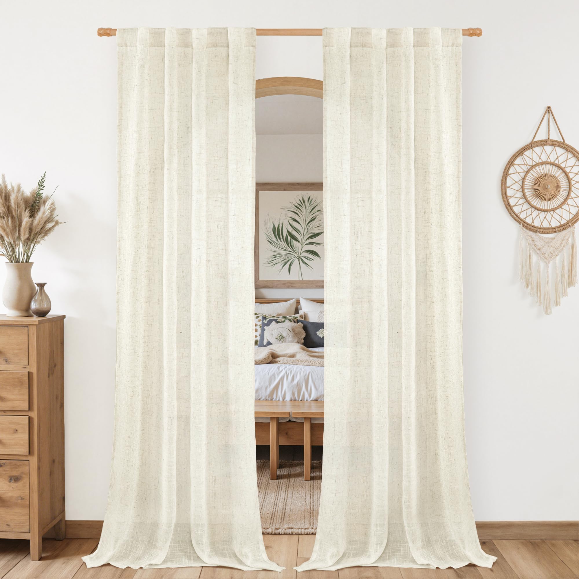 Photo 1 of LAMIT Natural Linen Boho Curtains 80 inch Length 2 Panels, Cream Ivory Light Filtering Semi Sheer Panels Back Tab and Rod Pocket Neutral Drapes for Bedroom/Living Room, 34 x 80 Inch